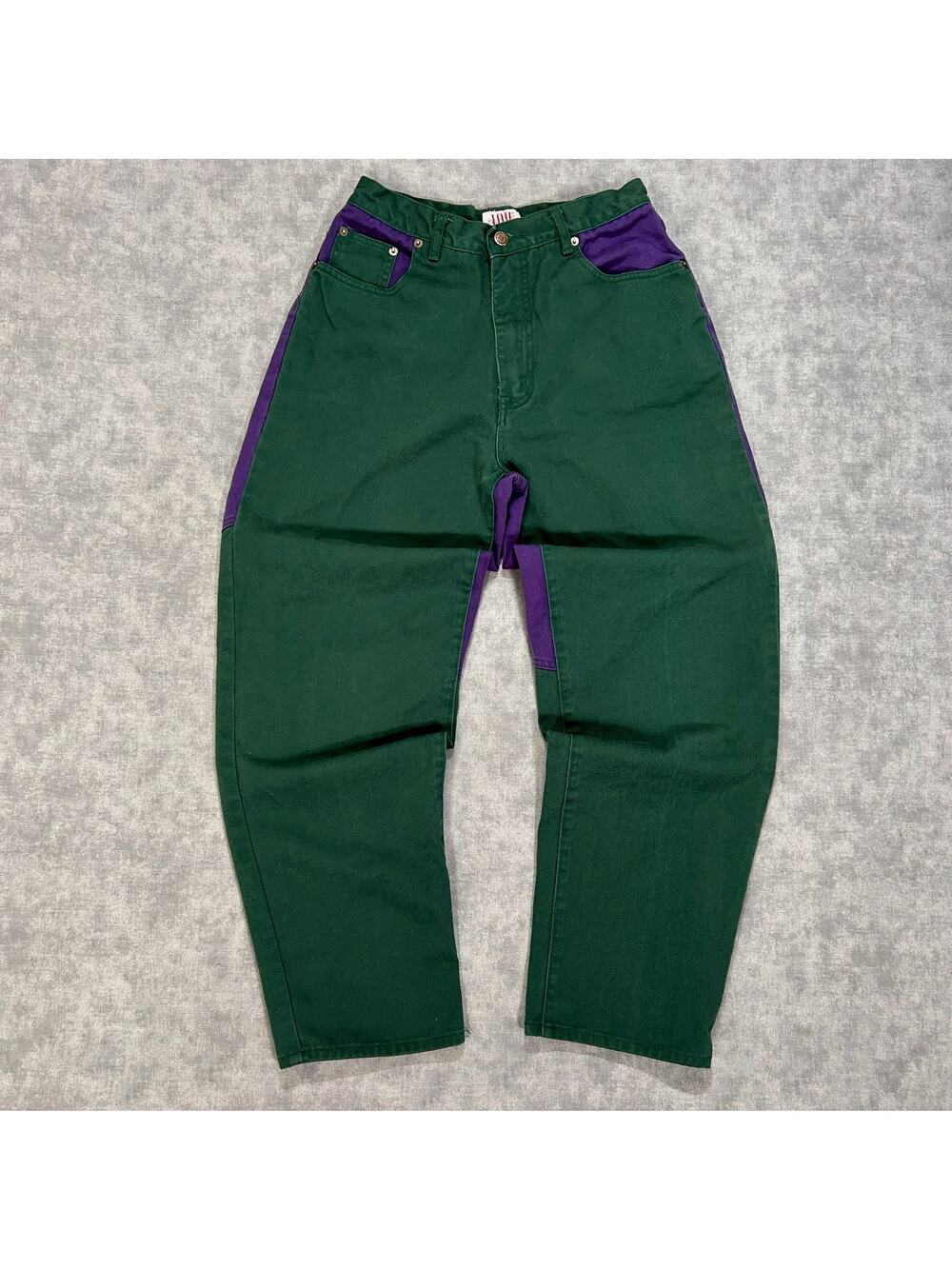 VTG IOU Legendary Denim purple/green colorblock skater 90s relaxed jeans wms 30